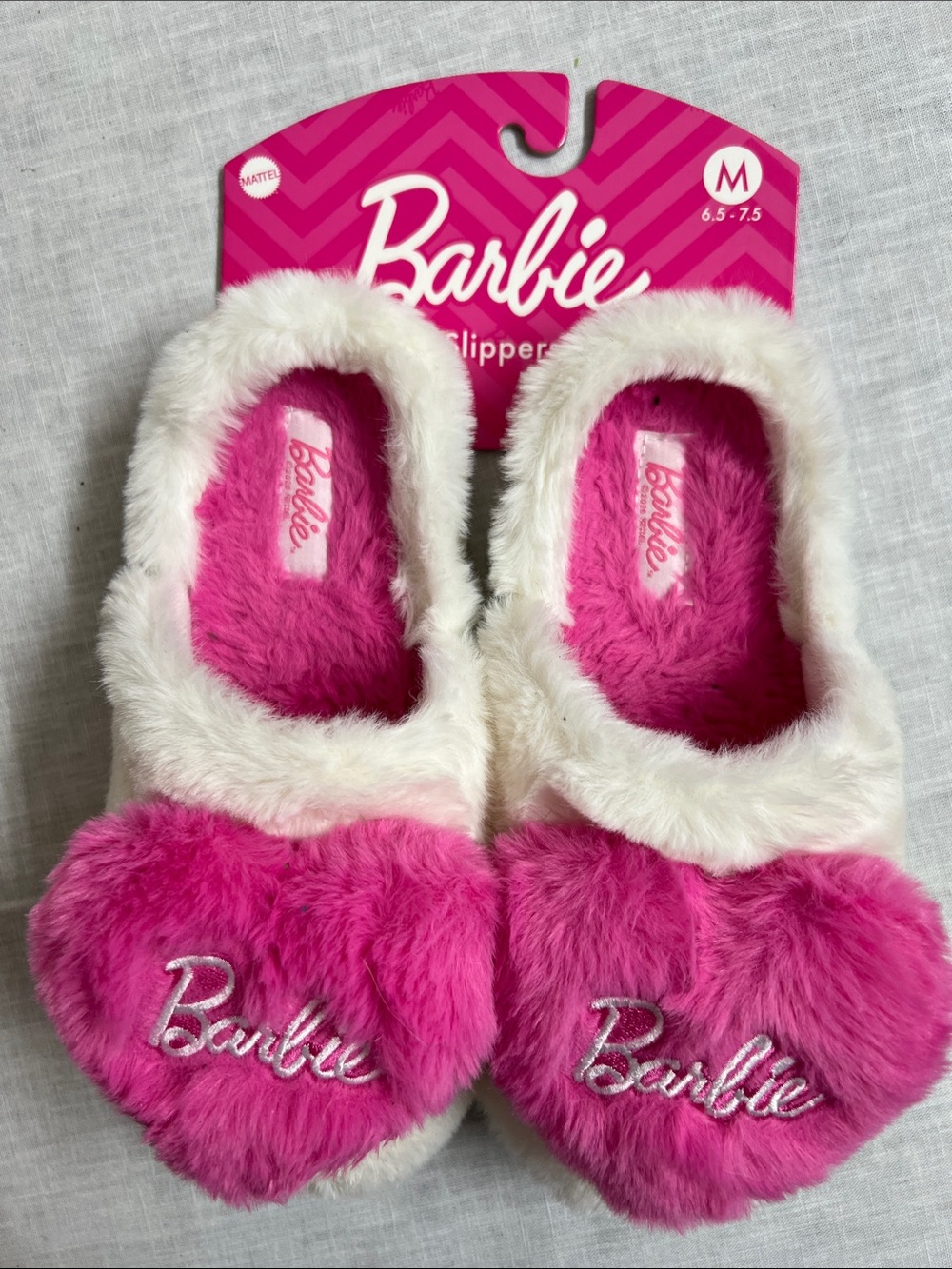 🌞 Barbie White Plush Heart Slippers Hot Pink fuzzy embroidered pillow women M
